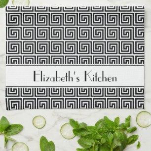 Gepersonaliseerde Zwart Wit Griekse Meander Key Theedoek