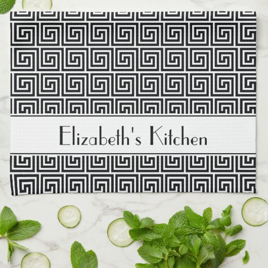 Gepersonaliseerde Zwart Wit Griekse Meander Key Theedoek (Gevouwen)