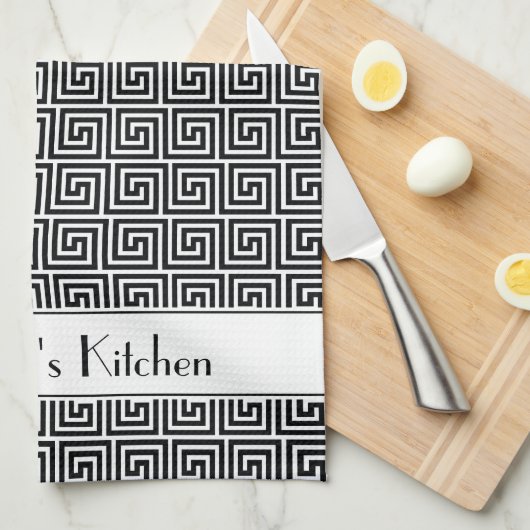 Gepersonaliseerde Zwart Wit Griekse Meander Key Theedoek (Quarter Fold)