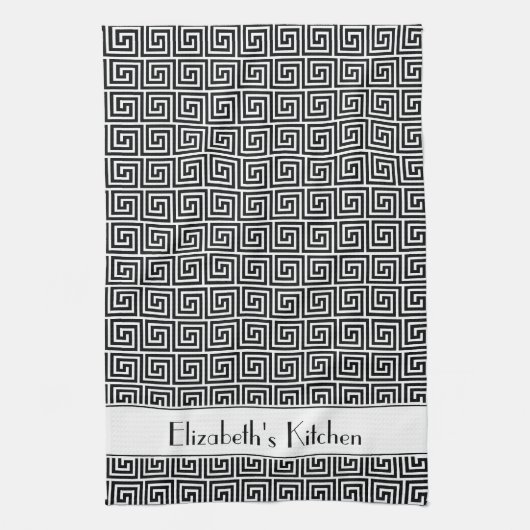 Gepersonaliseerde Zwart Wit Griekse Meander Key Theedoek (Verticaal)