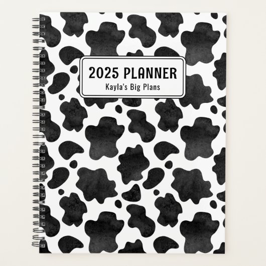 Gepersonaliseerde zwart-wit Koe Print Planner (Voorkant)