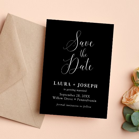 Gepersonaliseerde zwart-wit minimalistische kallig save the date