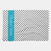 Gepersonaliseerde zwart wit Polka dot blauw Theedoek (Horizontaal)