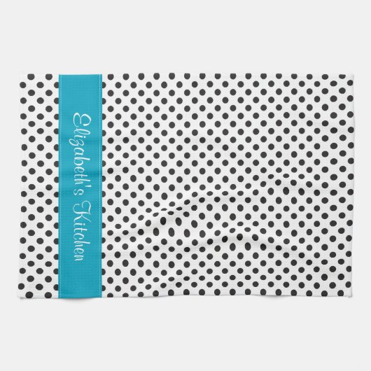 Gepersonaliseerde zwart wit Polka dot blauw Theedoek (Horizontaal)