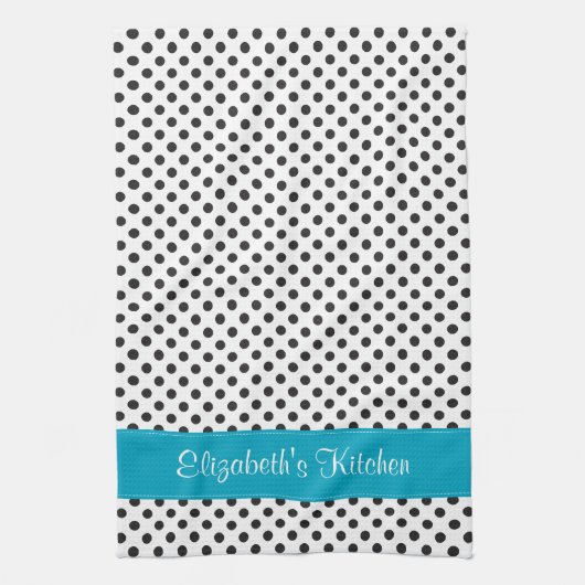 Gepersonaliseerde zwart wit Polka dot blauw Theedoek (Verticaal)