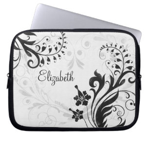 Gepersonaliseerde zwart-witte bloemenlaptophoes laptop sleeve