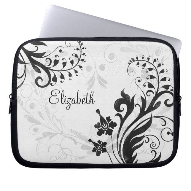Gepersonaliseerde zwart-witte bloemenlaptophoes laptop sleeve (Voorkant)