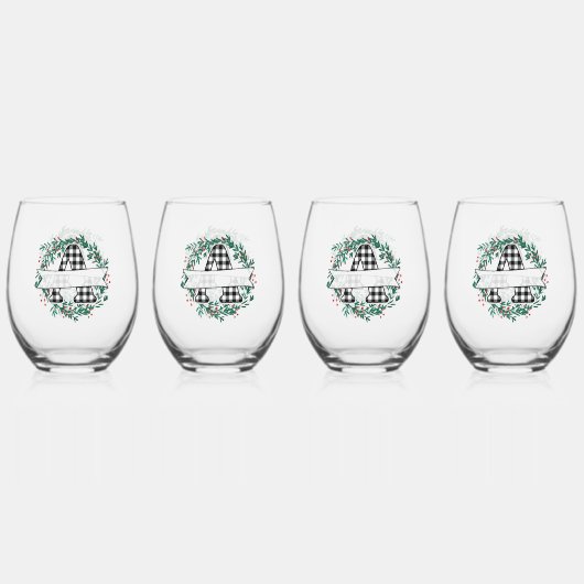 Gepersonaliseerde zwart-witte Buffalo Plaid (A) Wijnglas Zonder Voet (Achterkant)