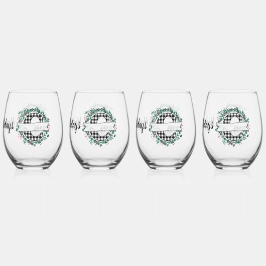 Gepersonaliseerde zwart-witte Buffalo Plaid (C) Wijnglas Zonder Voet (Achterkant)