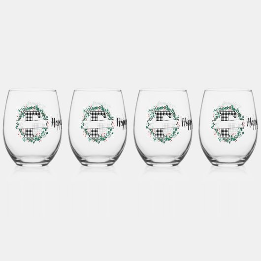 Gepersonaliseerde zwart-witte Buffalo Plaid (F) Wijnglas Zonder Voet (Voorkant)