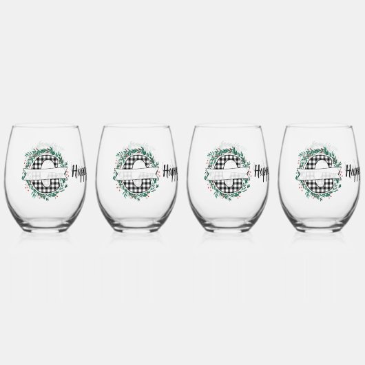 Gepersonaliseerde zwart-witte Buffalo Plaid (G) Wijnglas Zonder Voet (Voorkant)