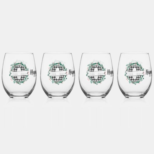 Gepersonaliseerde zwart-witte Buffalo Plaid (O) Wijnglas Zonder Voet (Voorkant)