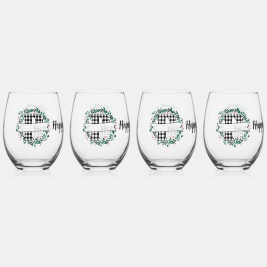 Gepersonaliseerde zwart-witte Buffalo Plaid (P) Wijnglas Zonder Voet (Voorkant)