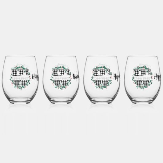 Gepersonaliseerde zwart-witte Buffalo Plaid (W) Wijnglas Zonder Voet (Voorkant)