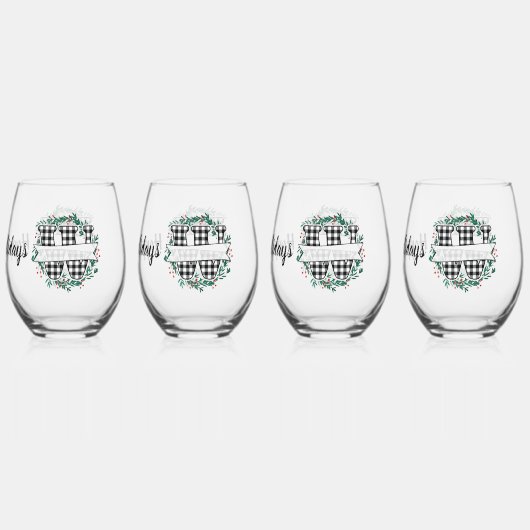 Gepersonaliseerde zwart-witte Buffalo Plaid (W) Wijnglas Zonder Voet (Achterkant)