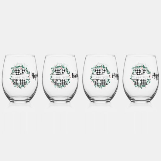 Gepersonaliseerde zwart-witte Buffalo Plaid (X) Wijnglas Zonder Voet (Voorkant)