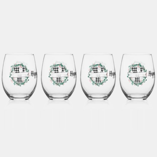 Gepersonaliseerde zwart-witte Buffalo Plaid (Y) Wijnglas Zonder Voet (Voorkant)