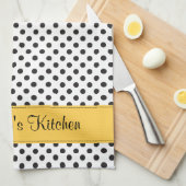 Gepersonaliseerde zwart witte polka dot geel theedoek (Quarter Fold)
