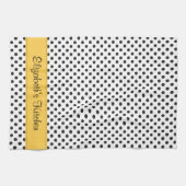 Gepersonaliseerde zwart witte polka dot geel theedoek (Horizontaal)