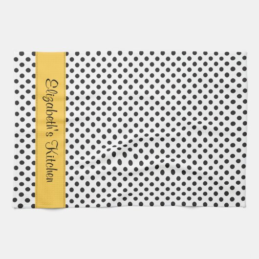 Gepersonaliseerde zwart witte polka dot geel theedoek (Horizontaal)