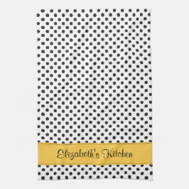 Gepersonaliseerde zwart witte polka dot geel theedoek