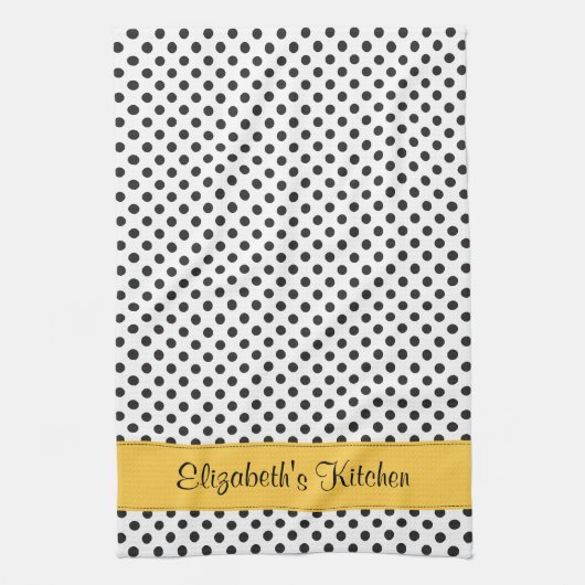 Gepersonaliseerde zwart witte polka dot geel theedoek (Verticaal)