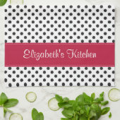 Gepersonaliseerde zwart witte polka dot rood theedoek (Gevouwen)