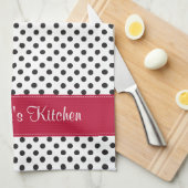 Gepersonaliseerde zwart witte polka dot rood theedoek (Quarter Fold)