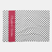 Gepersonaliseerde zwart witte polka dot rood theedoek (Horizontaal)