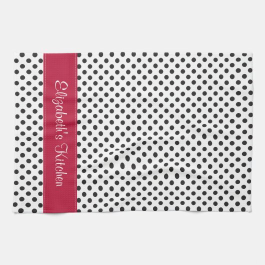 Gepersonaliseerde zwart witte polka dot rood theedoek (Horizontaal)