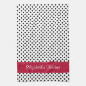 Gepersonaliseerde zwart witte polka dot rood theedoek (Verticaal)