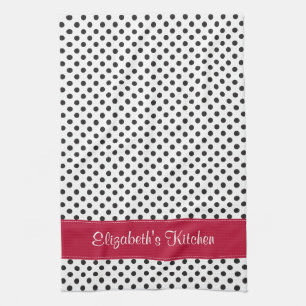 Gepersonaliseerde zwart witte polka dot rood theedoek
