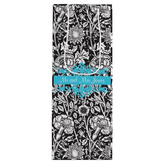 Gepersonaliseerde zwart-witwastas met wieltjes voo wijn cadeautas (Voorkant)