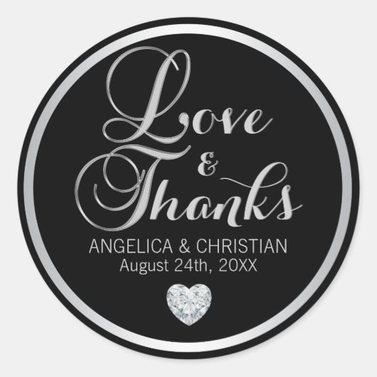Gepersonaliseerde zwart zilveren liefde & BEDANKT Ronde Sticker (Voorkant)