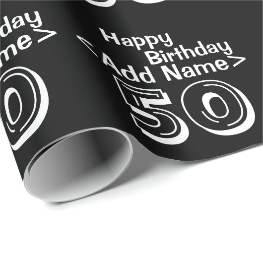 Gepersonaliseerde zwarte 50e Happy Birthday Sjablo Cadeaupapier (Rol Hoek)