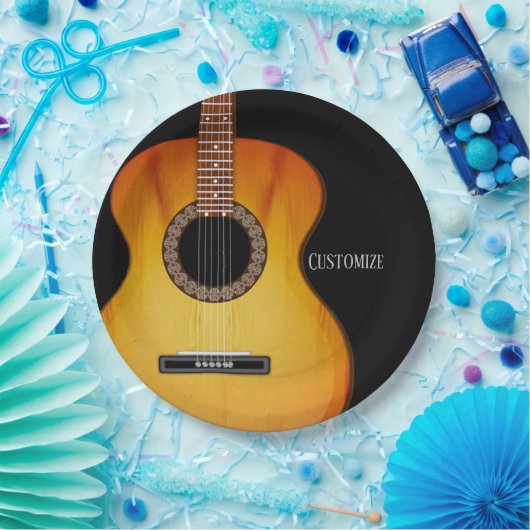 Gepersonaliseerde zwarte akoestische gitaar papieren bordje (Feest)