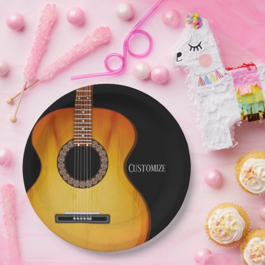 Gepersonaliseerde zwarte akoestische gitaar papieren bordje (Feest)