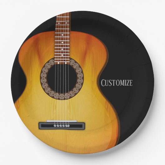 Gepersonaliseerde zwarte akoestische gitaar papieren bordje (Voorkant)