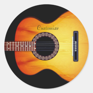 Gepersonaliseerde zwarte akoestische gitaar ronde sticker