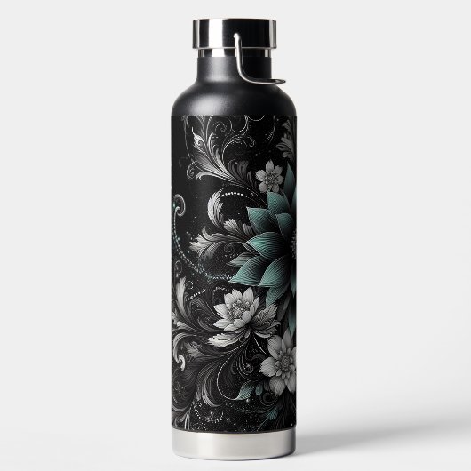 Gepersonaliseerde zwarte & Blauwgroen glitterij bl Waterfles (Links)