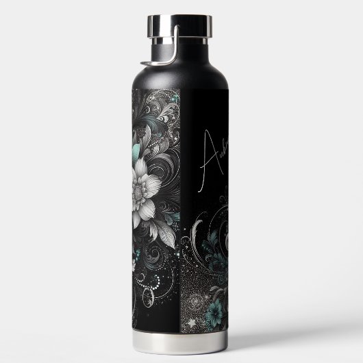Gepersonaliseerde zwarte & Blauwgroen glitterij bl Waterfles (Rechts)