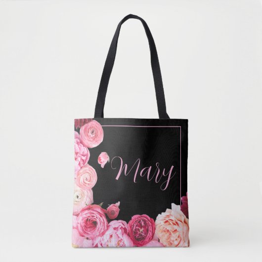 Gepersonaliseerde zwarte Canvas tas - Pink Peony (Voorkant)