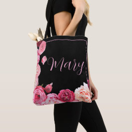 Gepersonaliseerde zwarte Canvas tas - Pink Peony