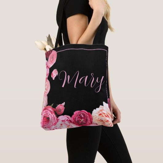 Gepersonaliseerde zwarte Canvas tas - Pink Peony (Dichtbij)