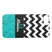 Gepersonaliseerde zwarte Chevron Cyan Glitter Case-Mate iPhone Case (Achterkant (Horizontaal))