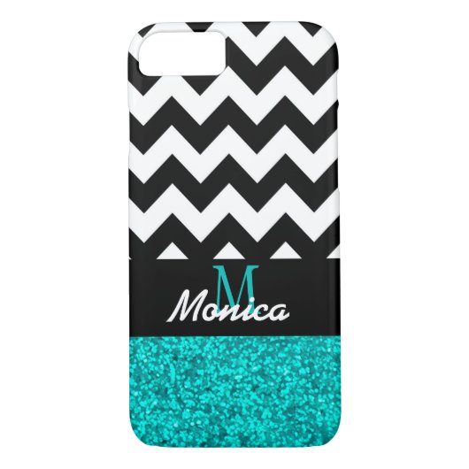 Gepersonaliseerde zwarte Chevron Cyan Glitter Case-Mate iPhone Case (Achterkant)