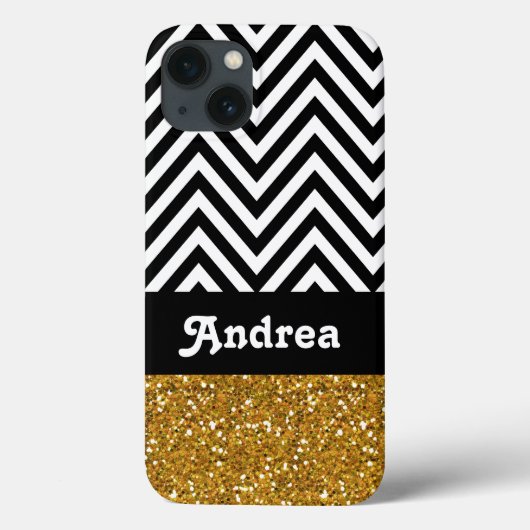 Gepersonaliseerde zwarte Chevron Gold Glitter Gedr Case-Mate iPhone Case (Achterkant)