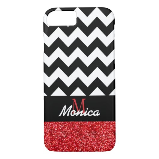 Gepersonaliseerde zwarte Chevron rode glitter Case-Mate iPhone Case (Achterkant)