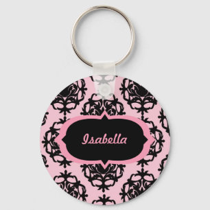 Gepersonaliseerde zwarte Damask op roze Sleutelhan Sleutelhanger