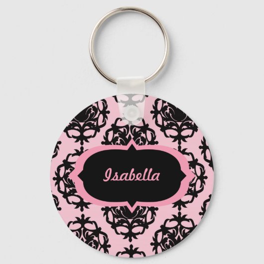 Gepersonaliseerde zwarte Damask op roze Sleutelhan Sleutelhanger (Voorkant)